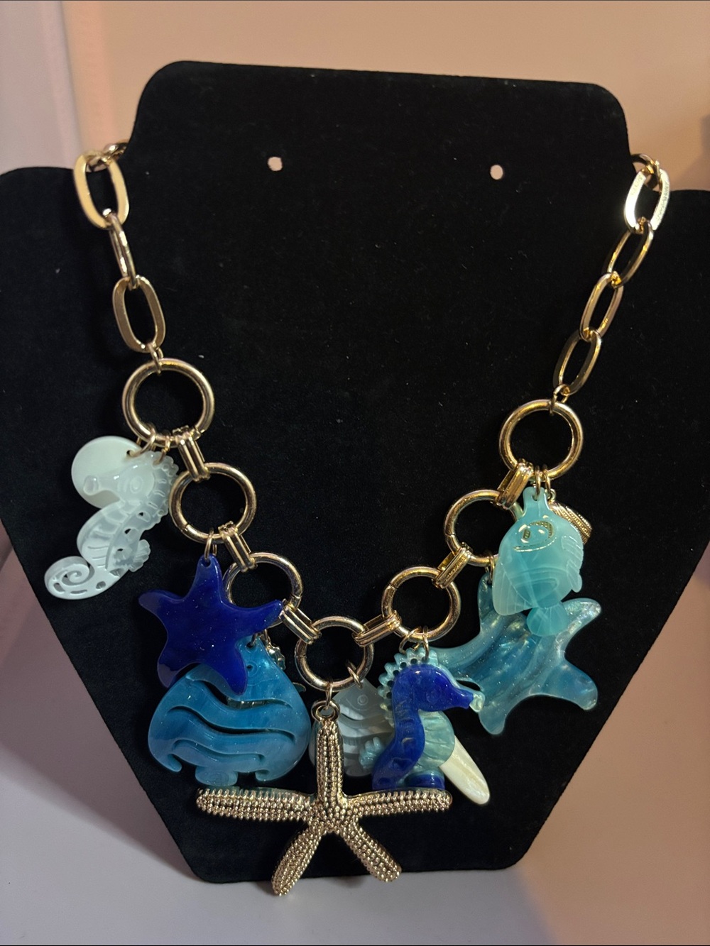 Blue and Gold Acrylic Sea Themed Charm Necklace